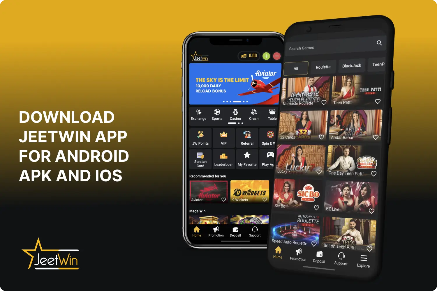 The Jeetwin app for android apk and ios is available for download in India completely free of charge