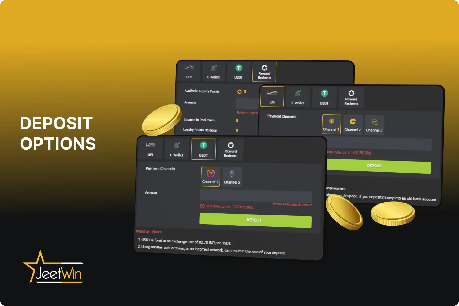 Jeetwin provides various deposit options for gamblers in India