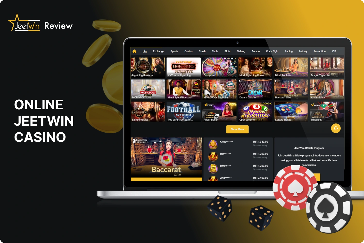 Jeetwin online casino in India offers hundreds of gambling activities to its users